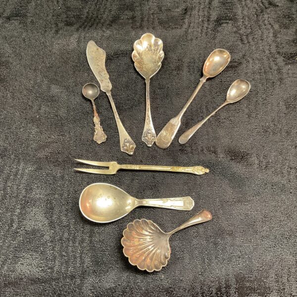 Antique silver spoons and butter knife collection, hallmarked silver flatware.
