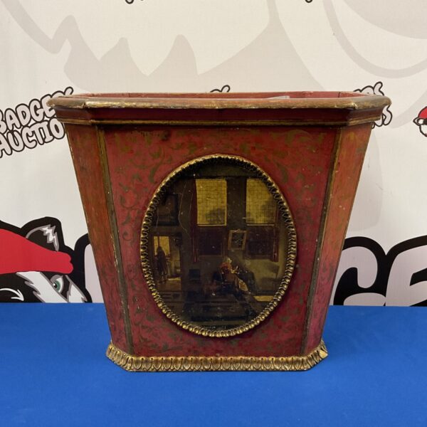 Antique Victorian waste paper basket with classical scene.