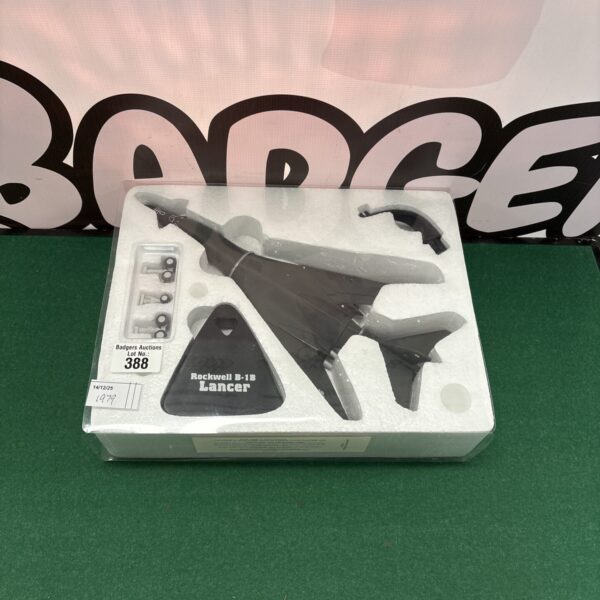 Detailed scale model of a Rockwell B-1B Lancer aircraft.