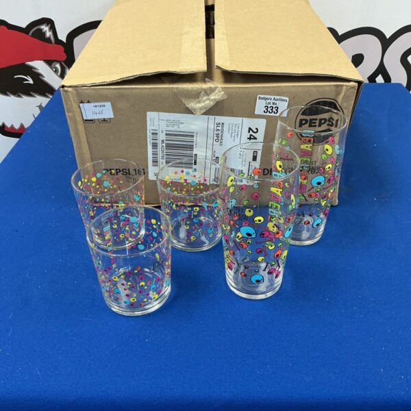 Lot of colourful Beavertown Brewery pint glasses for beer enthusiasts.
