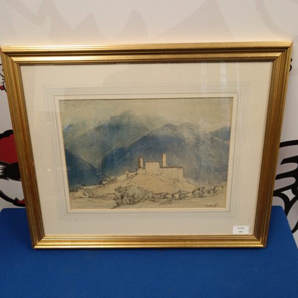 Vintage watercolour painting of Bellinzona landscape by Cecil Arthur Hunt.