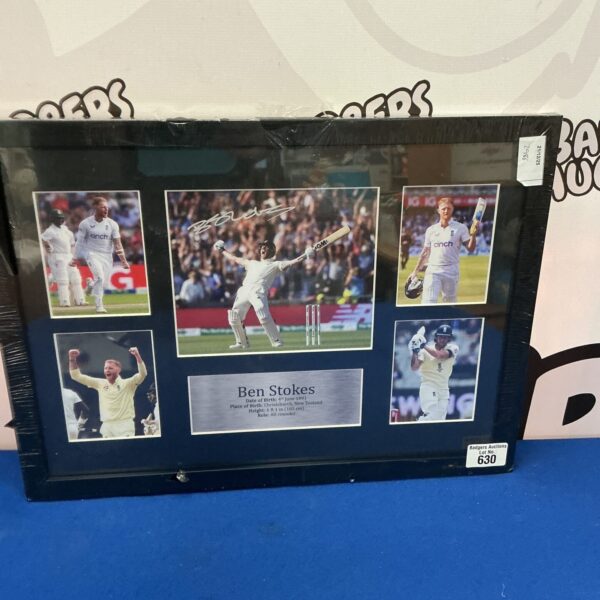 Framed Ben Stokes signed print, England cricket memorabilia.