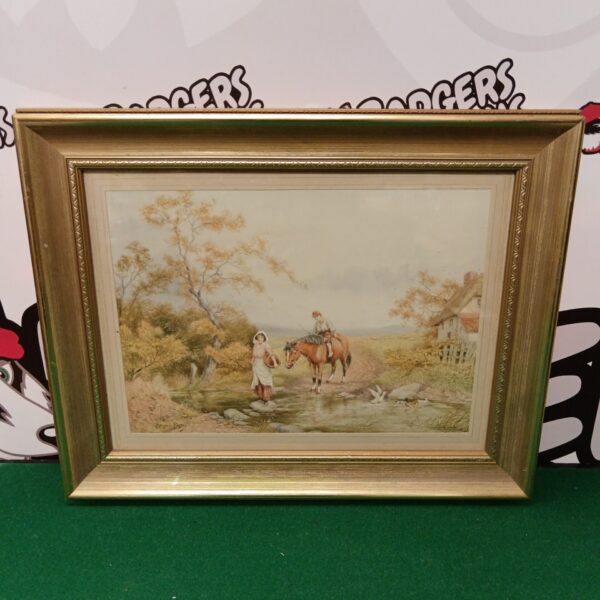 Bernard Foster watercolour painting of a horse and rider in a rural scene.