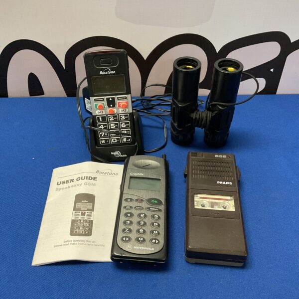 Vintage Binatone Speak Easy mobile phone with Philips voice recorder and binoculars.