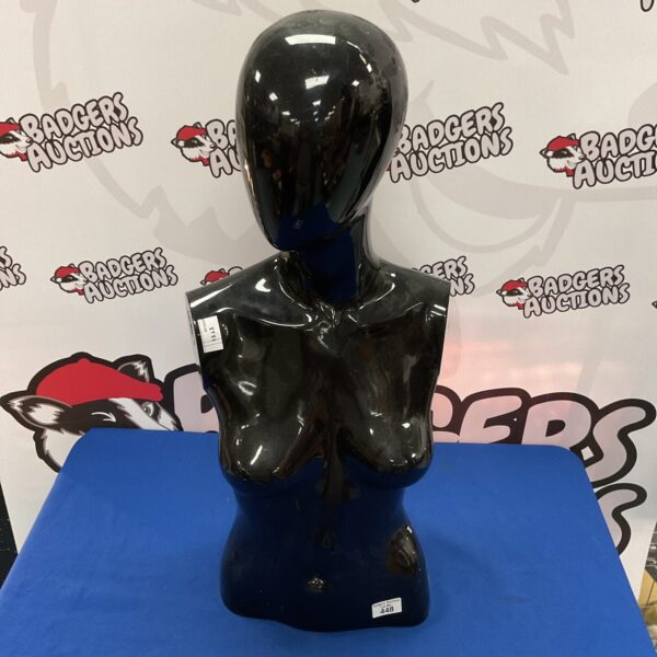 Gloss black mannequin torso for retail display and fashion presentations.