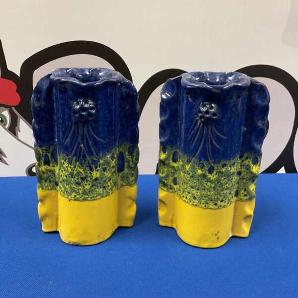 Pair of vintage blue and yellow studio pottery vases.
