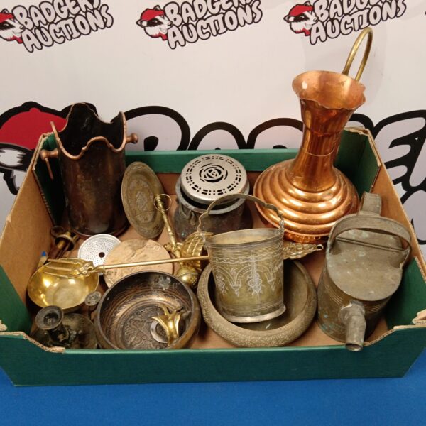 Vintage brass and copper ware lot with pitcher and watering can.
