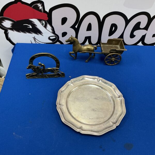 Vintage brass horse and cart letter rack for desk organisation.