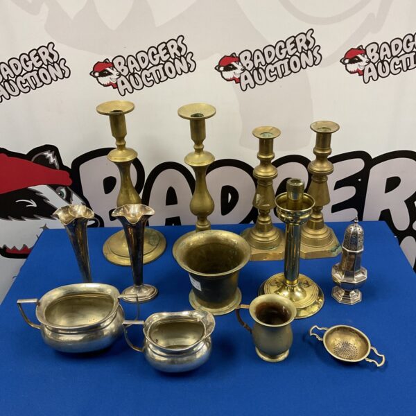 Vintage brass and silver plate candlestick lot for home decor.