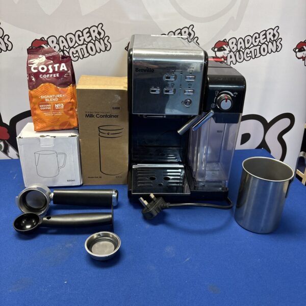 Breville One-Touch CoffeeHouse coffee machine with milk container and Costa coffee bag.
