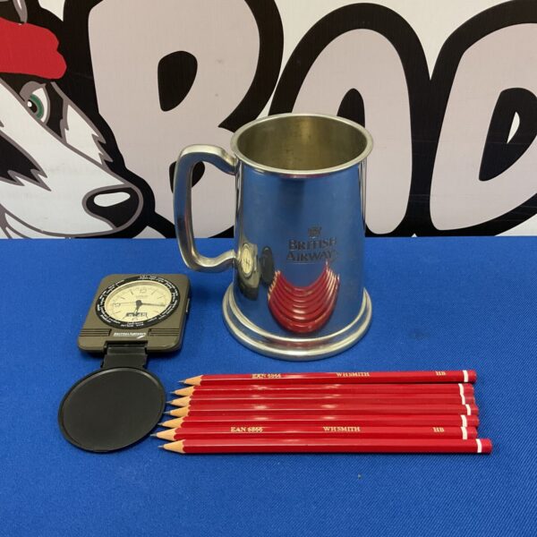 Vintage British Airways pewter tankard and travel clock collectable.