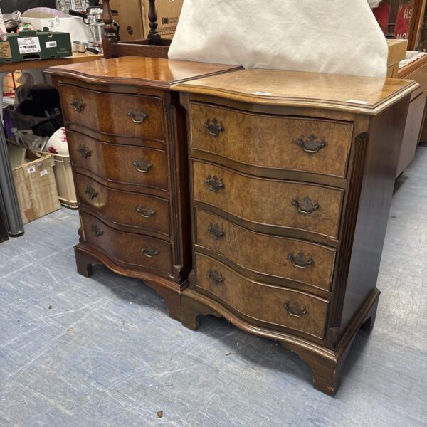 Pair of vintage burr walnut bedside cabinets with four drawers.