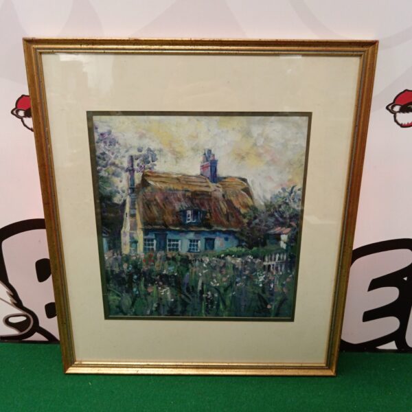 Carole Parker painting of a thatched cottage in summer.