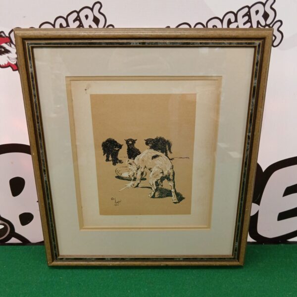 Original 1902 Cecil Aldin dog illustration of a playful scene.