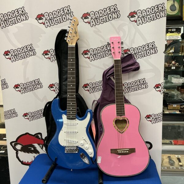 Children’s guitar lot featuring blue electric and pink acoustic guitars.