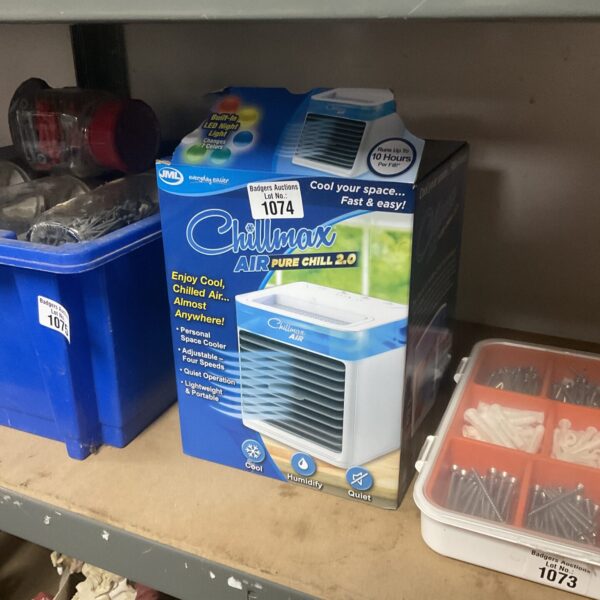 Front view of a Chillmax air cooler, portable personal cooling device.