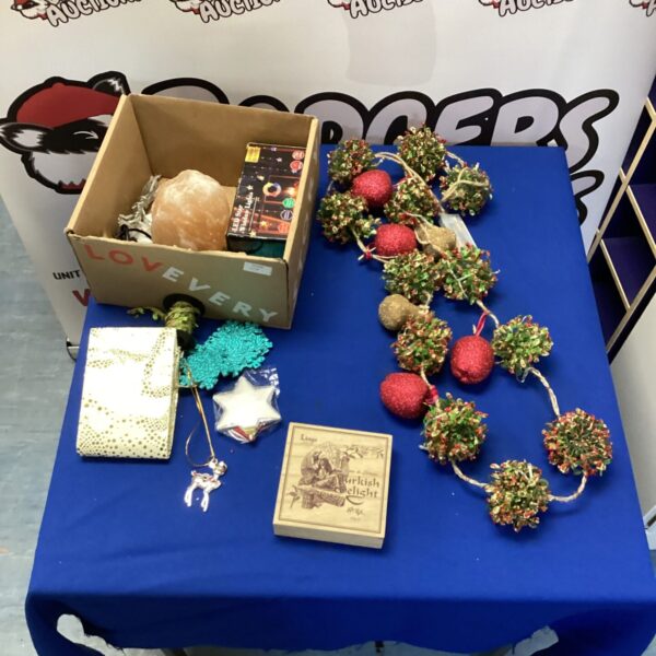 Christmas decorations bundle with lights and a salt lamp.