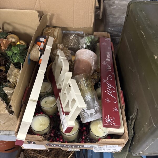 Assorted Christmas decorations in a cardboard box.