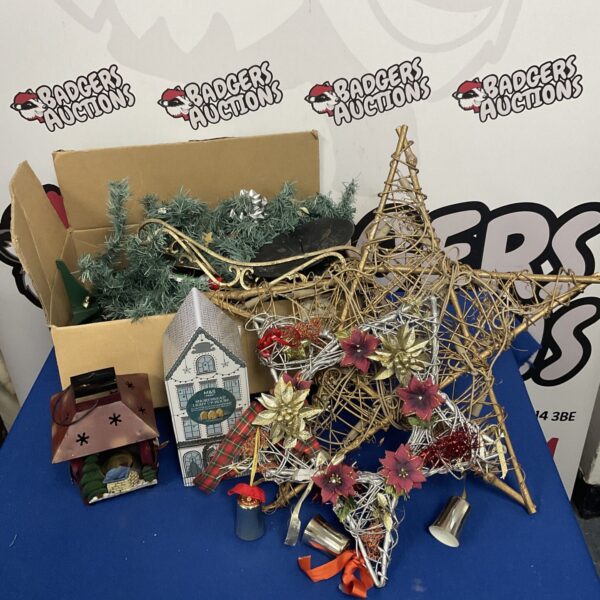 Mixed lot of Christmas decorations including a decorative house.