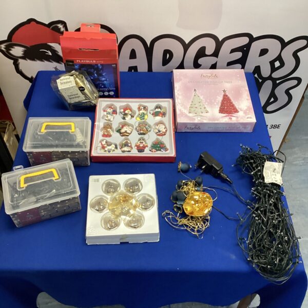 Mixed lot of Christmas lights and decorations for festive holiday displays.