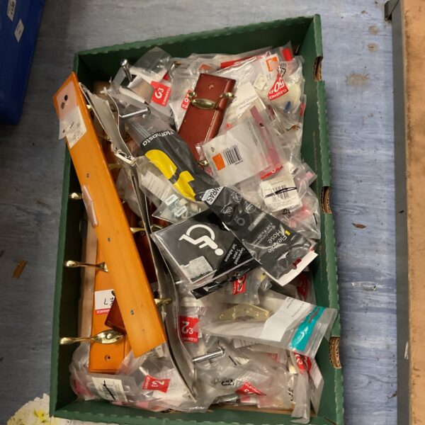 Lot of wooden coat hook rails and replacement hooks for hallway storage.