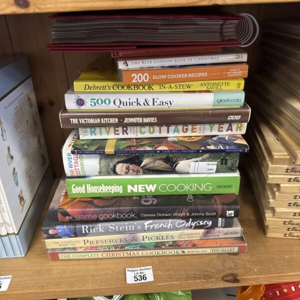 Vintage cookery books selection including Rick Stein and Good Housekeeping.