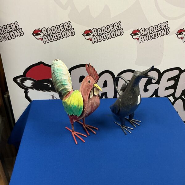 Pair of vibrant handcrafted bird figurines for home decor.