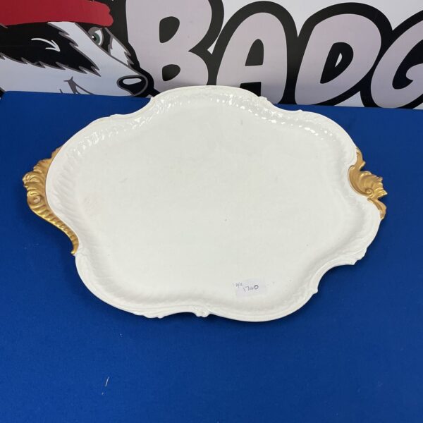 Antique Crown Derby serving platter with scalloped edges.