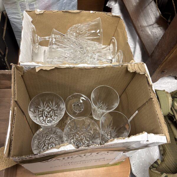 Box of vintage cut crystal glassware for sale.