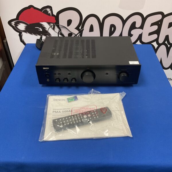 Black Denon PMA-500AE integrated amplifier, hi-fi audio equipment.