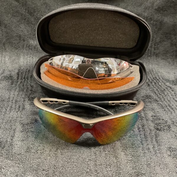 Front view of black Dhb cycling sunglasses.