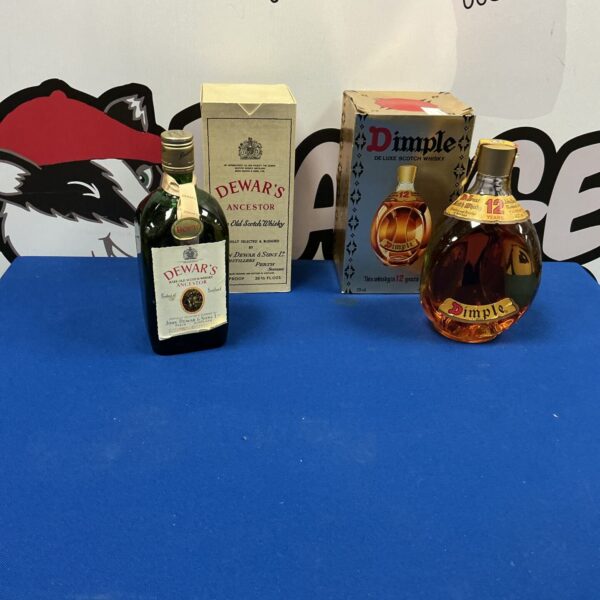 Vintage bottles of Dimple 12 Year Old and Dewar's Ancestor Scotch whisky.