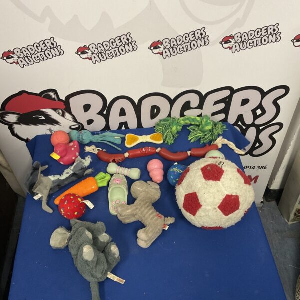 Assortment of dog toys including plush and rope options.