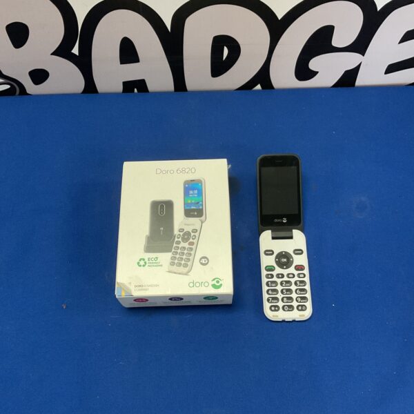 Close-up of a Doro 6820 flip phone, showing the screen and buttons.