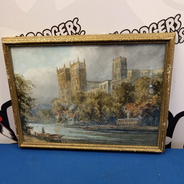 Early 19th-century watercolour painting of Durham Cathedral and river scene.
