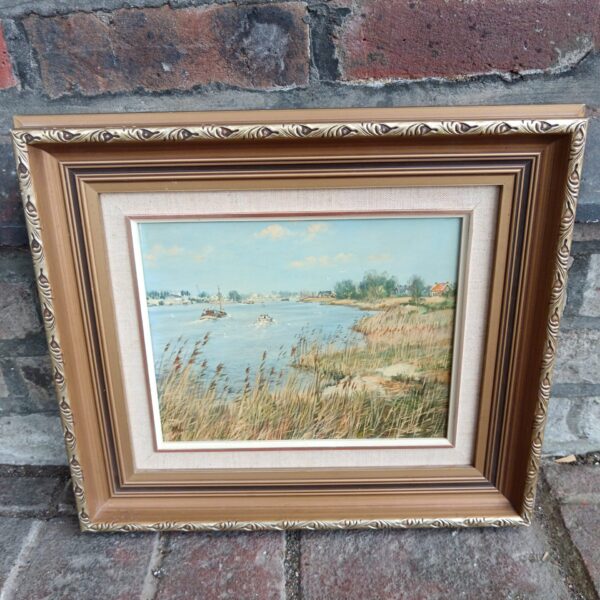 Vintage Dutch river landscape painting by B Muller, Steefkerk Holland.