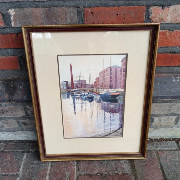 E Shakeshaft watercolour painting of boats in Liverpool docks.