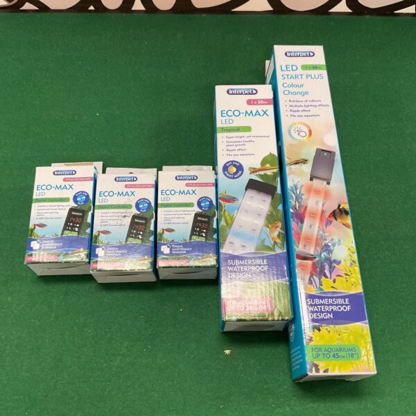 Eco Max LED lights and controller for aquarium illumination.
