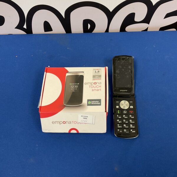 Close-up of the Emporia Touch smart flip phone, showing the screen.
