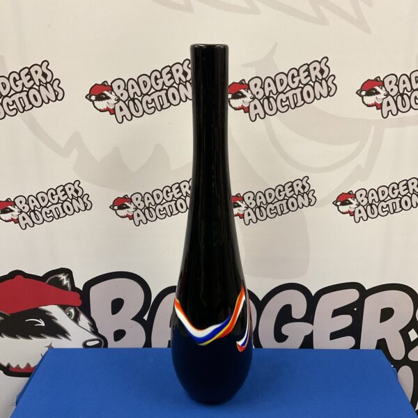 Dark art glass vase by Eternalle, 26 inches tall, mid-century modern style.