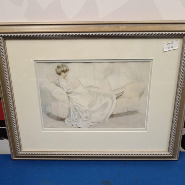Framed Evian Goethem print of a classical lady reading a book.