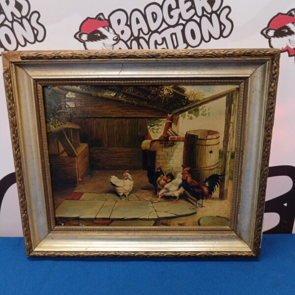Vintage oil painting of a cockerel and hens in a farmyard.