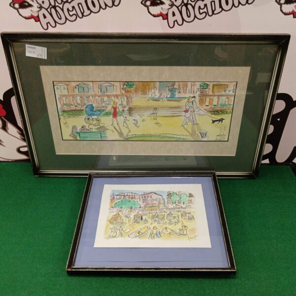 Pair of vintage Faugas watercolour paintings depicting town and beach scenes.