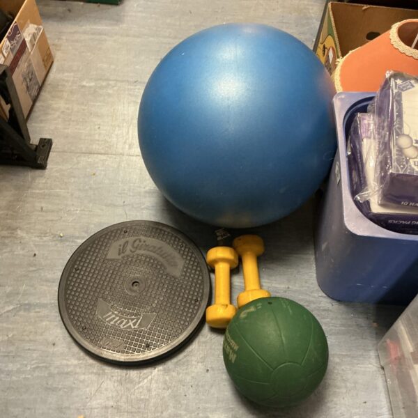 Fitness equipment lot including weights, exercise ball and dumbbells.