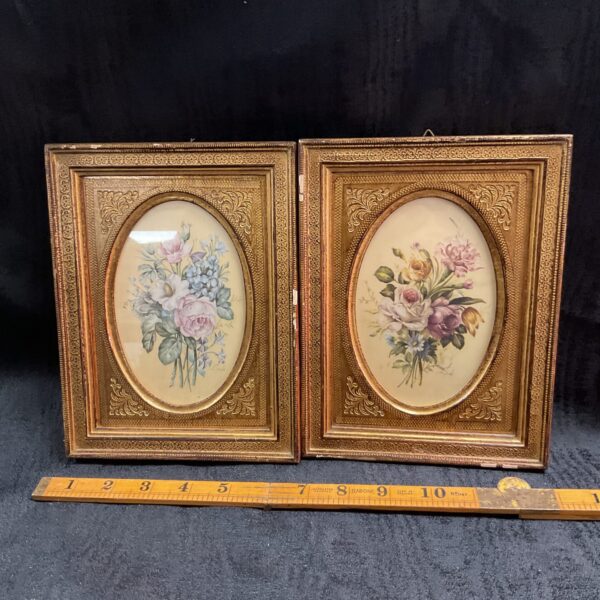 Antique Flemish flower prints in gold leaf frames, silk botanical art.