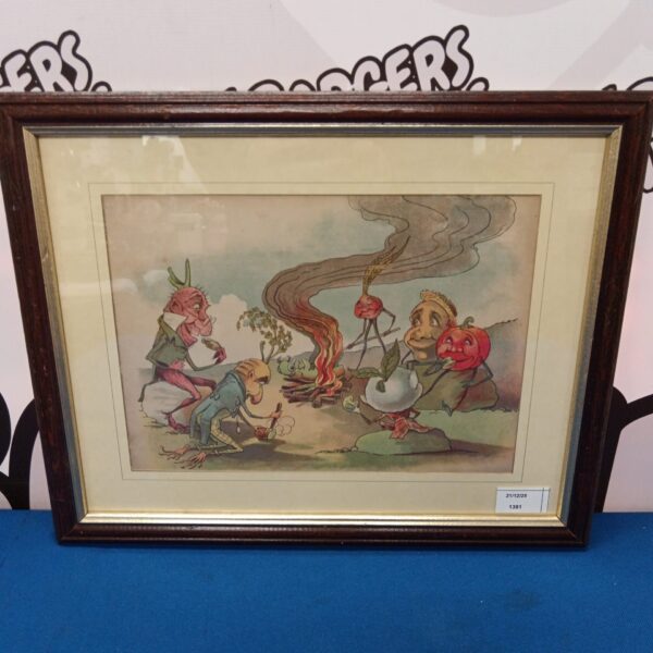 Vintage Florence K Upton illustration of potato men around a bonfire.