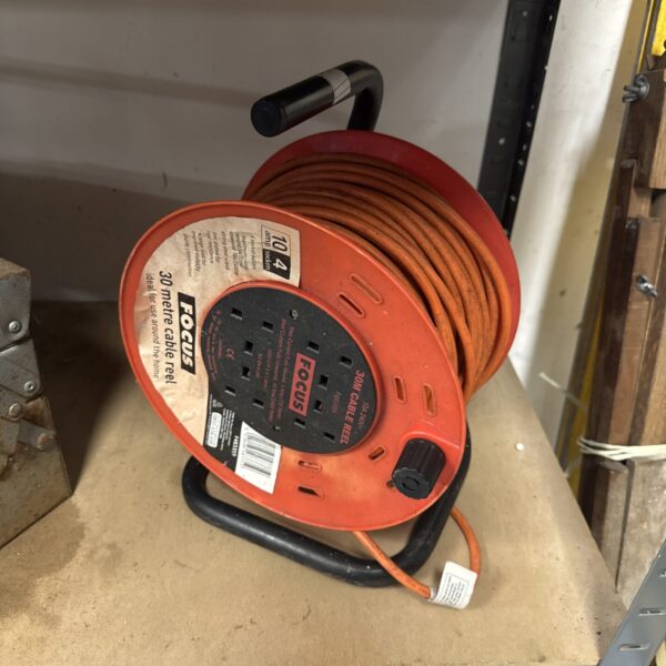 Red Focus 30m extension reel for garden and outdoor use.