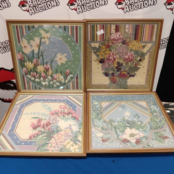Set of four framed floral embroideries by Julia a Court, vintage needlework.