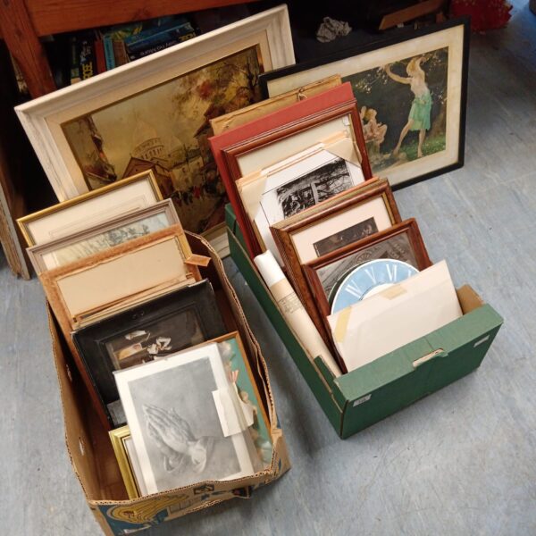 Large lot of vintage framed prints and artwork for wall decor.