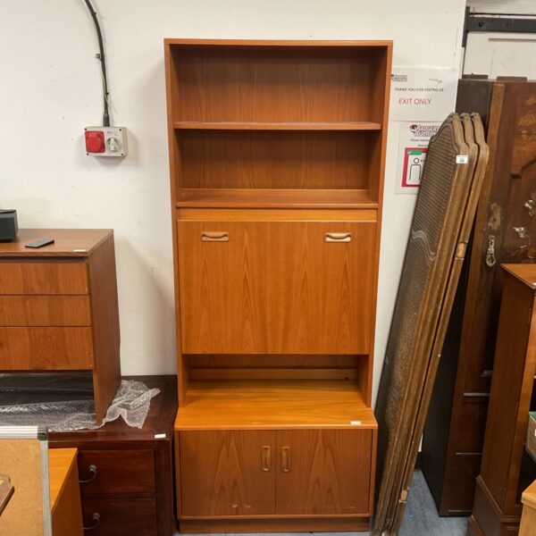 Vintage G Plan teak display cabinet with open shelving and cupboard.